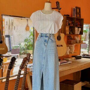 White Eyelet Top & Light Wash Denim Maxi Skirt Set